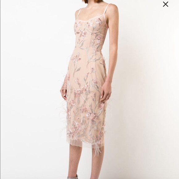 MARCHESA NOTTE
Ostrich Feather Trim Embroidered Corset Dress In Pink - Picture 3 of 5